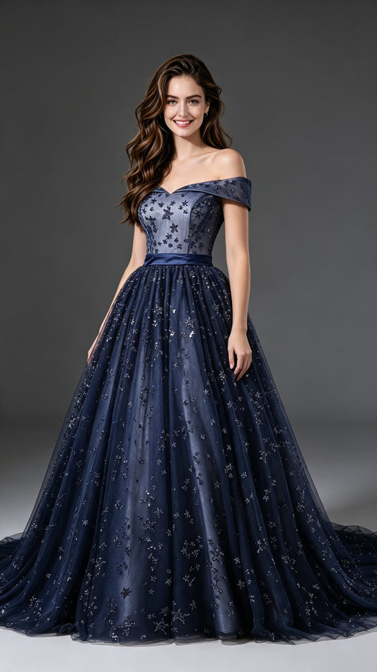 Elegant A-line Blue Evening Gowns Off the Shoulder Tulle Long Formal Dress LFNL0621