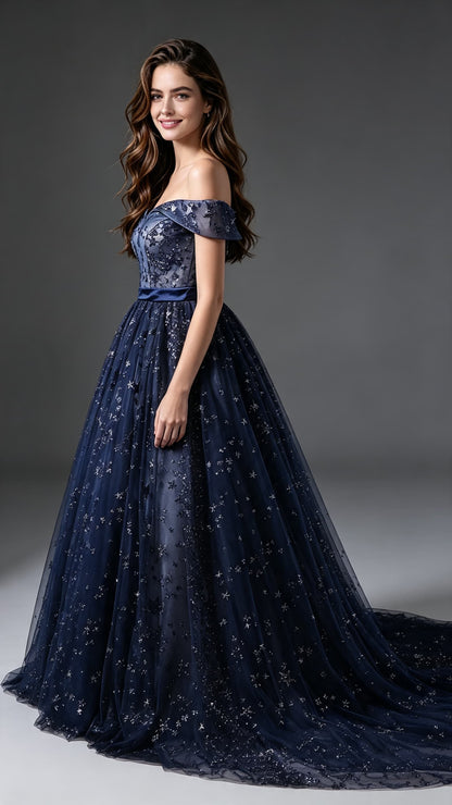Elegant A-line Blue Evening Gowns Off the Shoulder Tulle Long Formal Dress LFNL0621