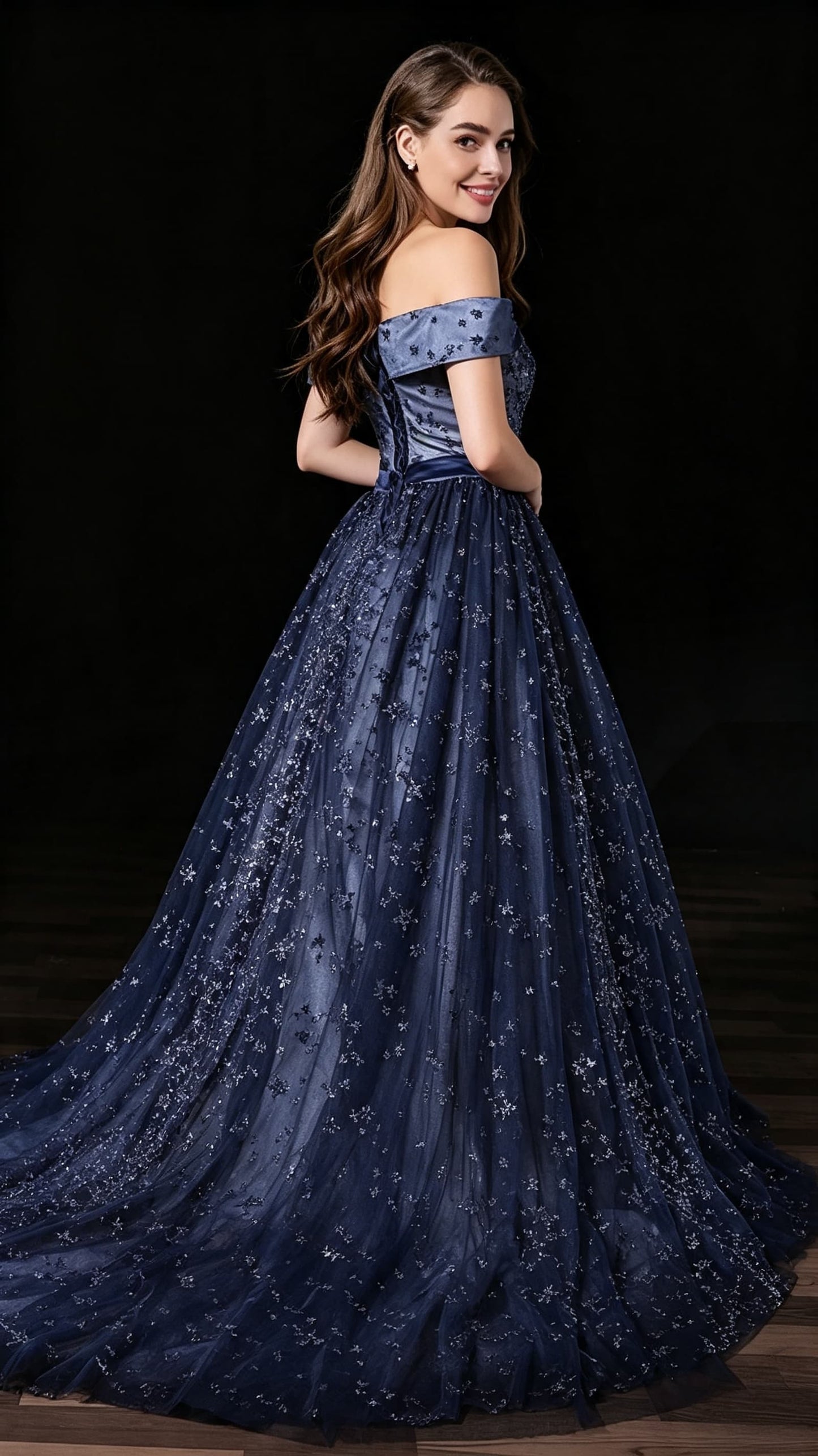 Elegant A-line Blue Evening Gowns Off the Shoulder Tulle Long Formal Dress LFNL0621