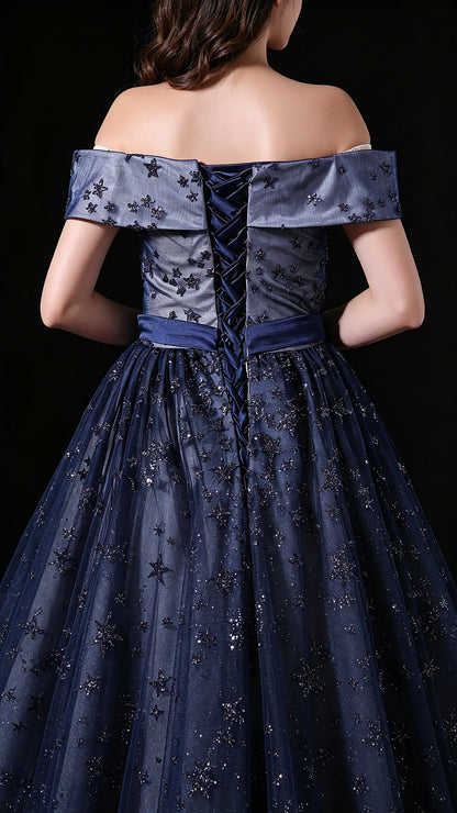 Elegant A-line Blue Evening Gowns Off the Shoulder Tulle Long Formal Dress LFNL0621