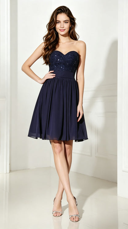 2026 A-line Blue Evening Dress Sweatheart Neck Chiffon Short Formal Dress LFNL0481