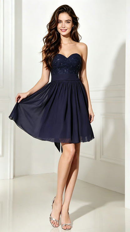 2026 A-line Blue Evening Dress Sweatheart Neck Chiffon Short Formal Dress LFNL0481