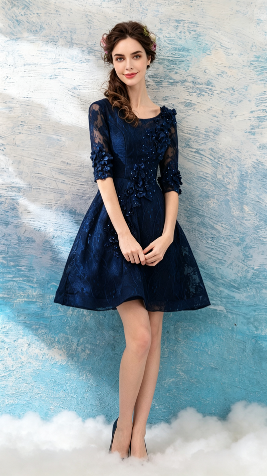 Polished A-line Blue Evening Dress Round Neck Vinylon Short Formal Dress LFNC0412
