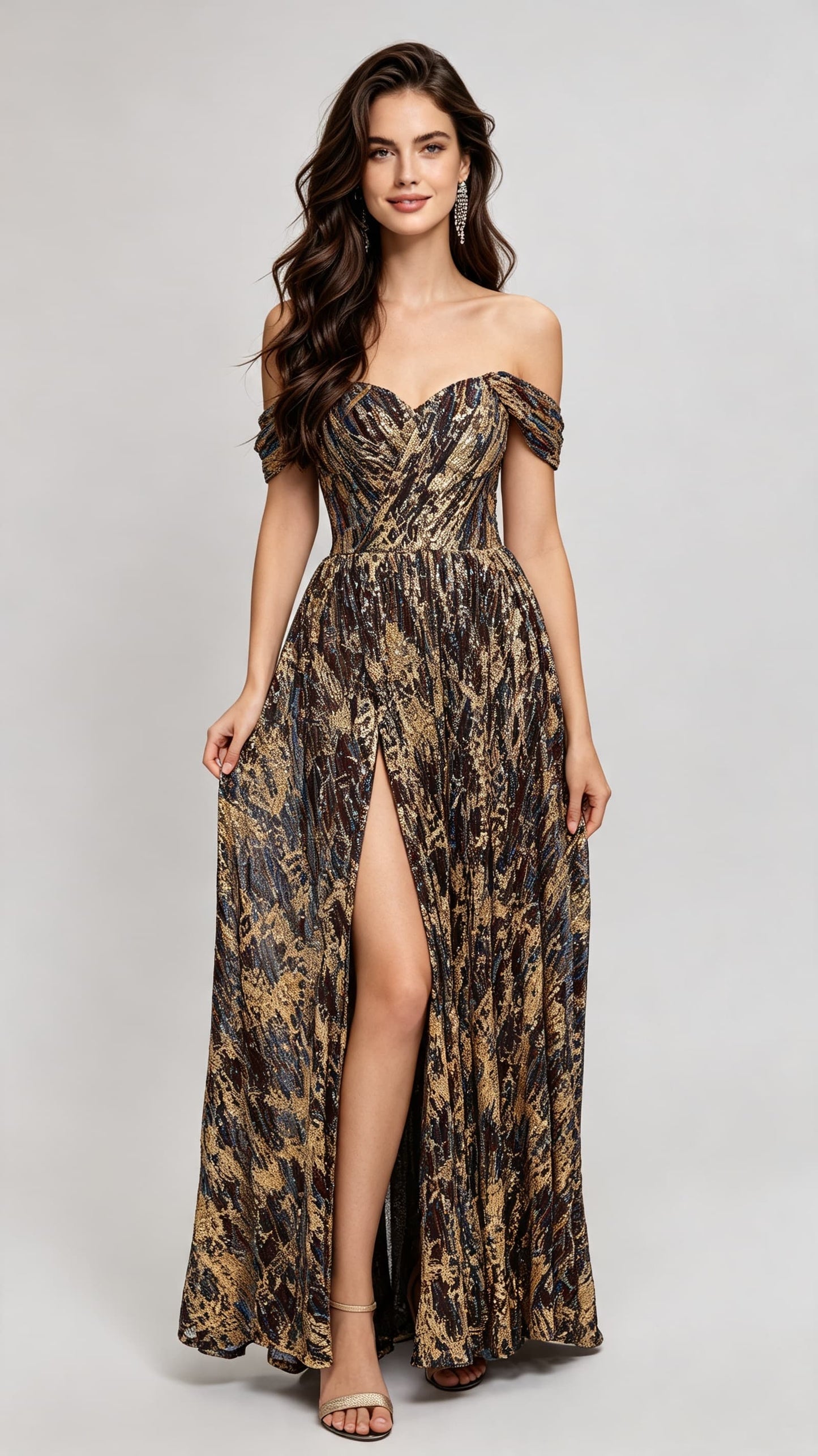 Soft A-line Brown Evening Dress Off the Shoulder Acrylic Long Formal Dress LFNL0616