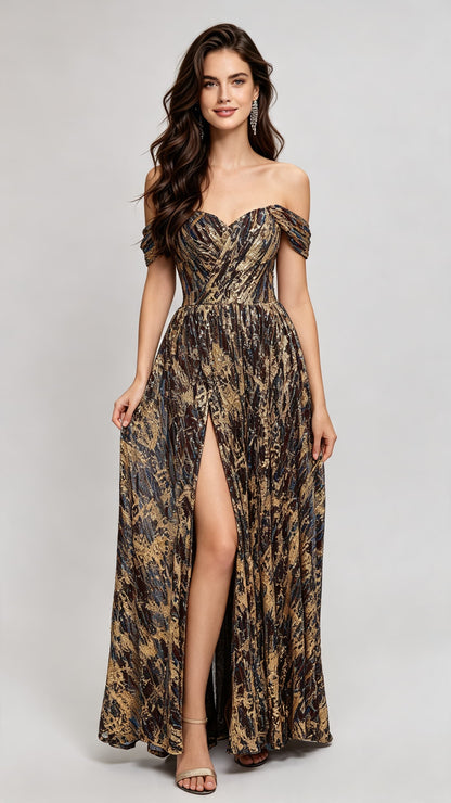 Soft A-line Brown Evening Dress Off the Shoulder Acrylic Long Formal Dress LFNL0616