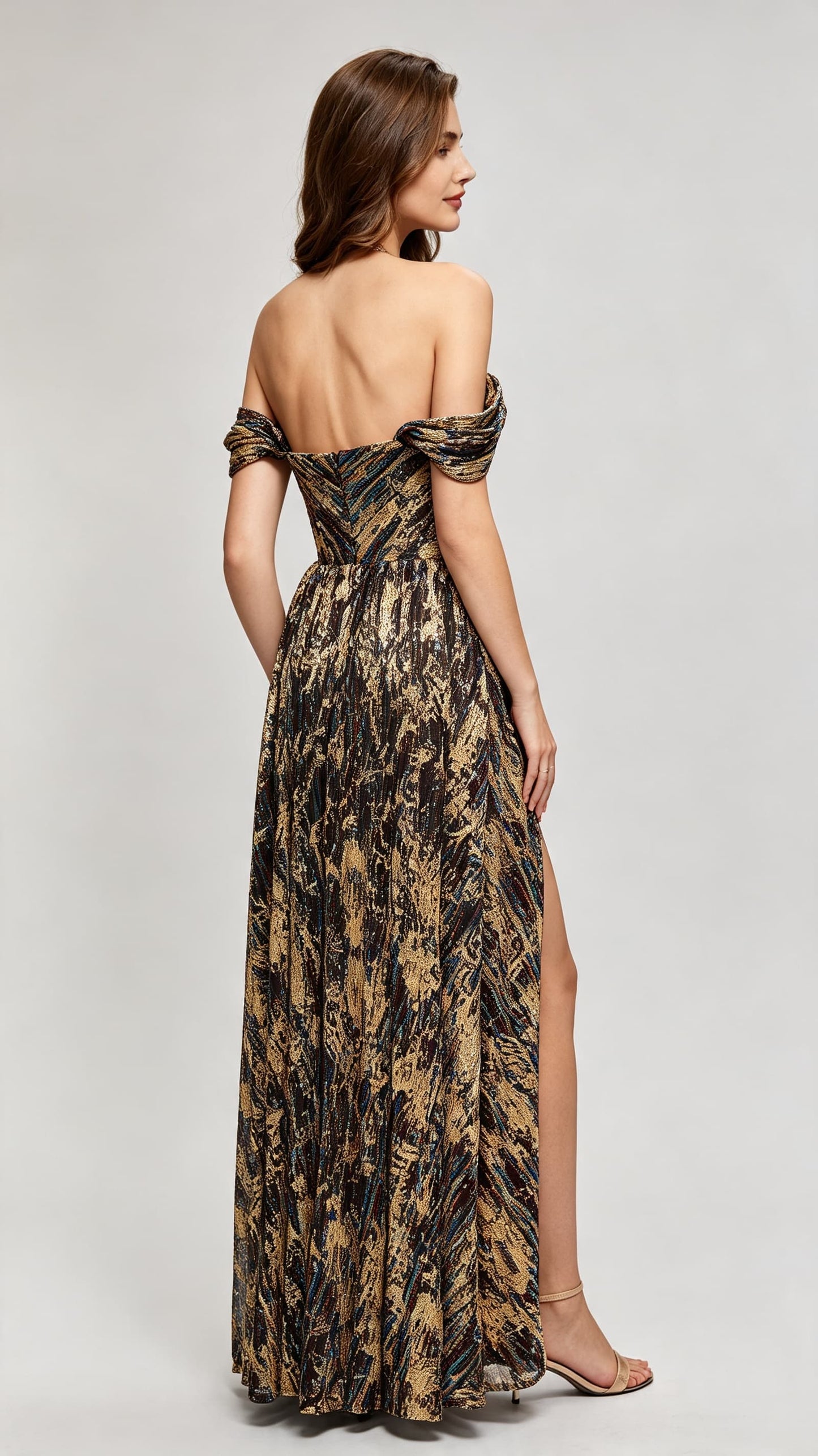Soft A-line Brown Evening Dress Off the Shoulder Acrylic Long Formal Dress LFNL0616