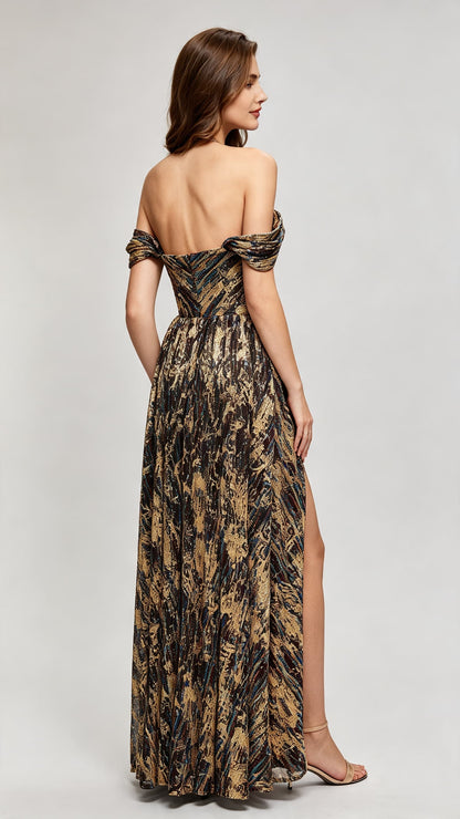Soft A-line Brown Evening Dress Off the Shoulder Acrylic Long Formal Dress LFNL0616