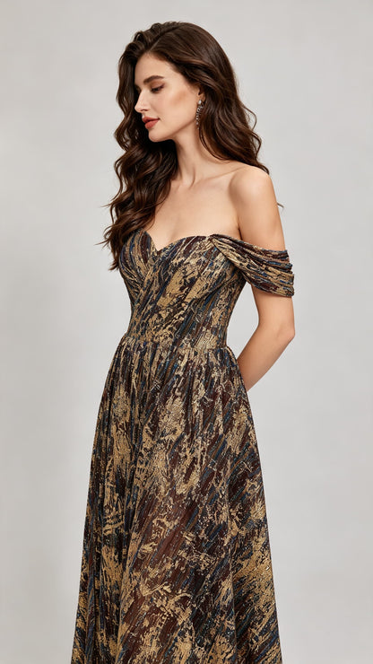 Soft A-line Brown Evening Dress Off the Shoulder Acrylic Long Formal Dress LFNL0616