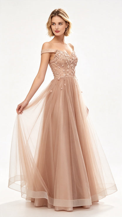 Simple A-line Pink Evening Dress Off the Shoulder Tulle Long Formal Dress LFNL0641