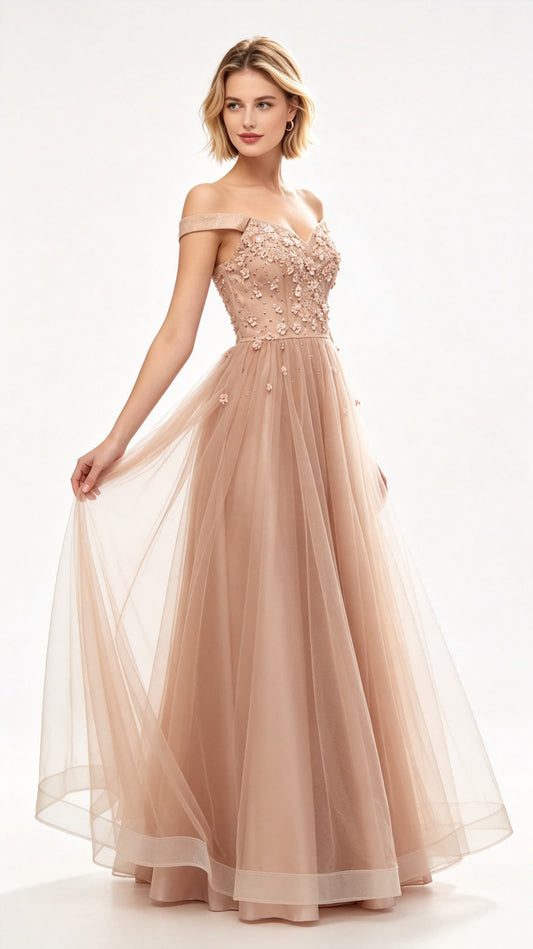 Simple A-line Pink Evening Dress Off the Shoulder Tulle Long Formal Dress LFNL0641