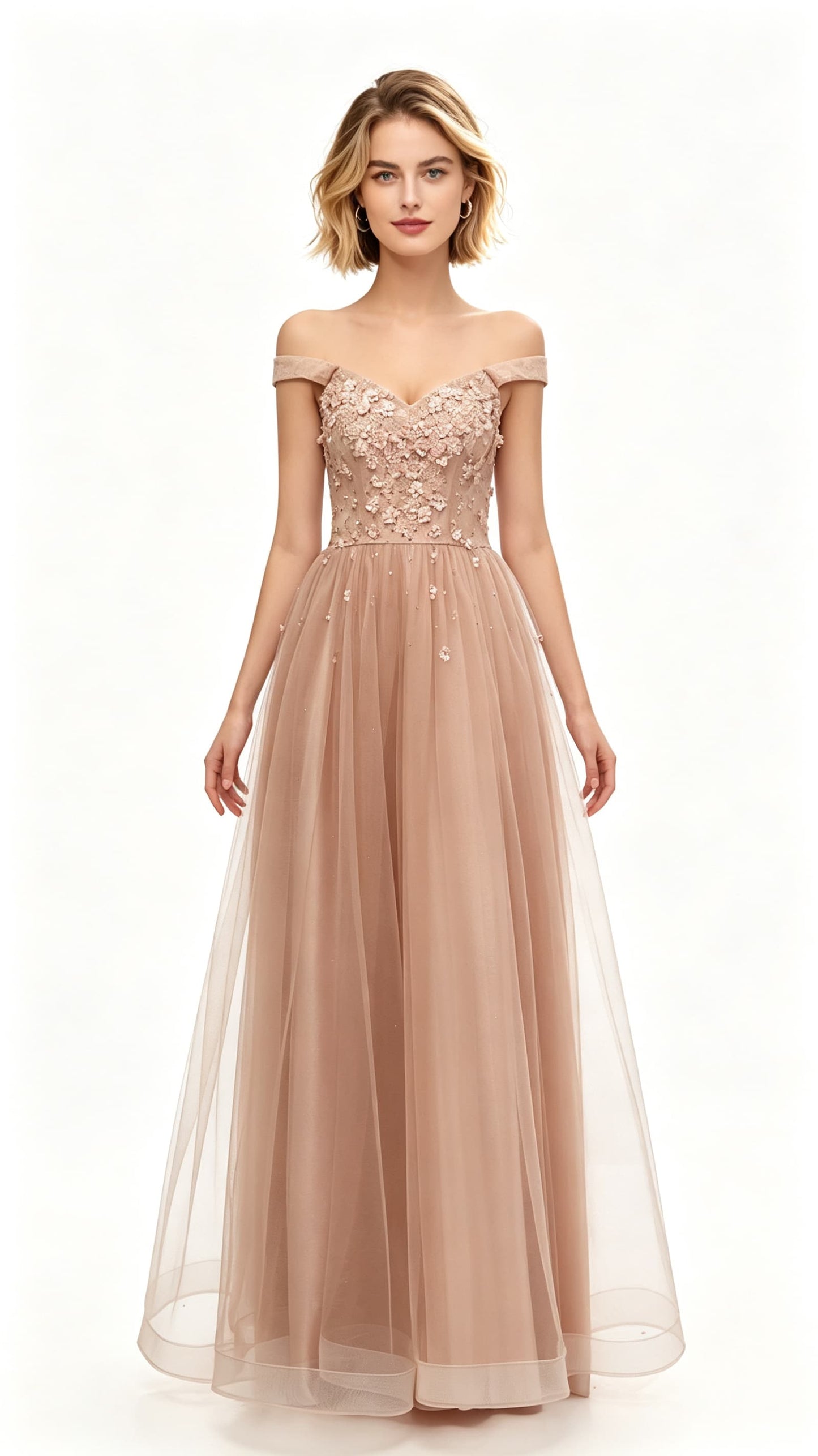 Simple A-line Pink Evening Dress Off the Shoulder Tulle Long Formal Dress LFNL0641