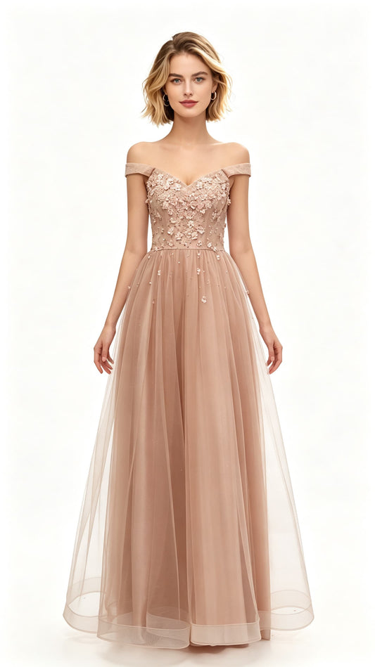 Simple A-line Pink Evening Dress Off the Shoulder Tulle Long Formal Dress LFNL0641