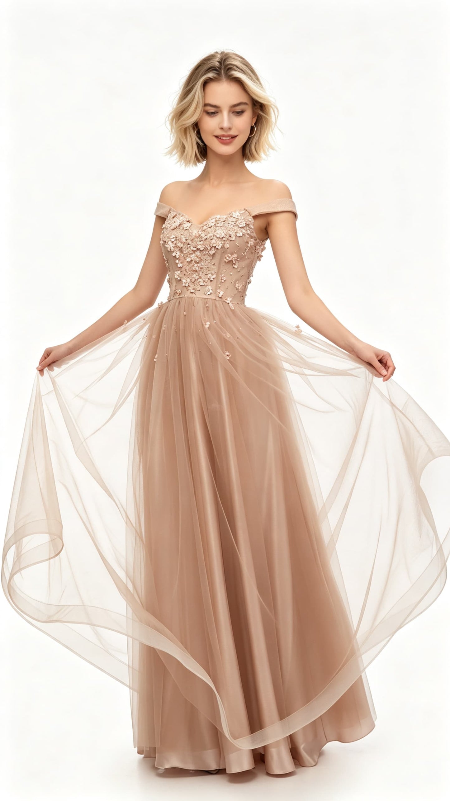 Simple A-line Pink Evening Dress Off the Shoulder Tulle Long Formal Dress LFNL0641