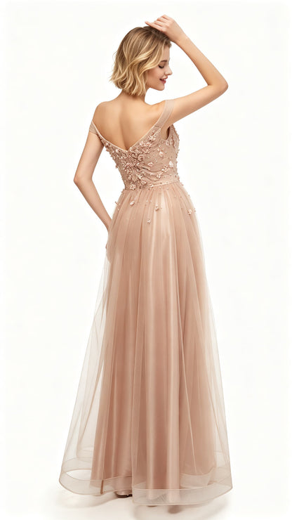 Simple A-line Pink Evening Dress Off the Shoulder Tulle Long Formal Dress LFNL0641