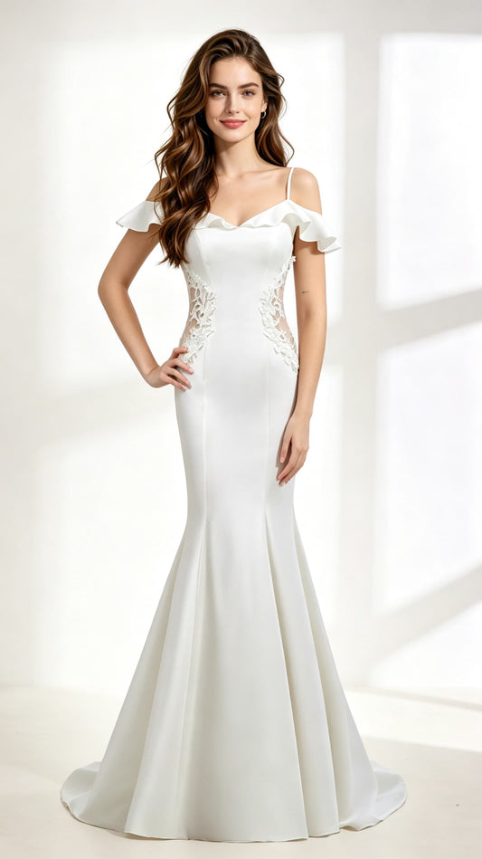 Elegant Mermaid White Evening Gowns Straps Satin&Lace Long Formal Dress LFNG0034