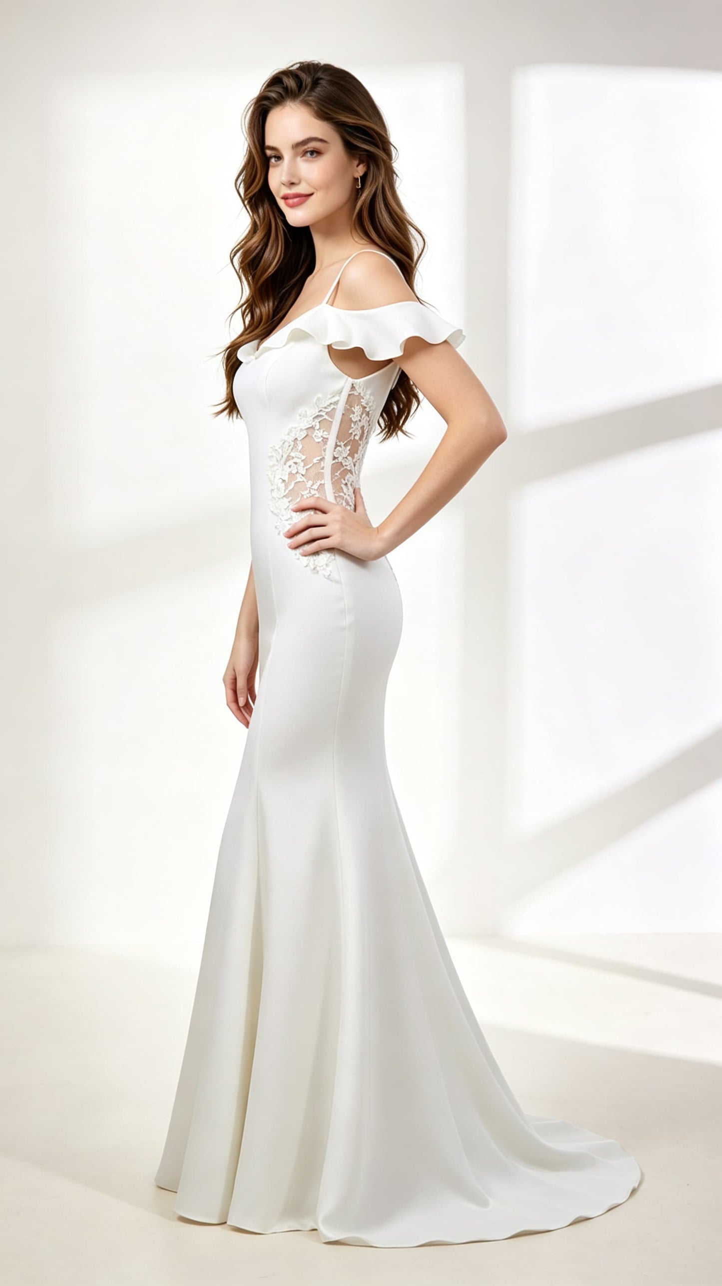 Elegant Mermaid White Evening Gowns Straps Satin&Lace Long Formal Dress LFNG0034
