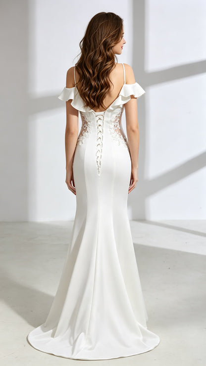 Elegant Mermaid White Evening Gowns Straps Satin&Lace Long Formal Dress LFNG0034