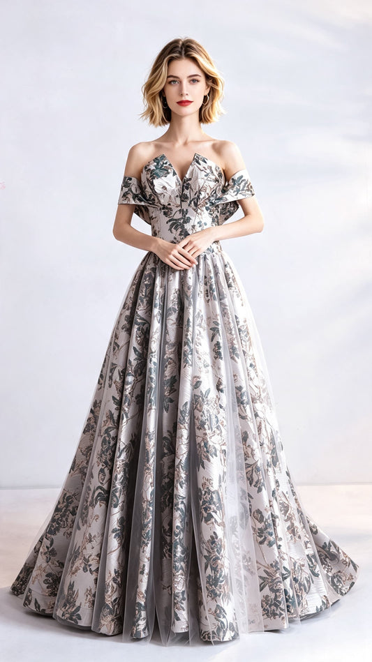 Simple A-line Gold Evening Dress Off Shoulder Brocade Long Formal Dress LFNC0417