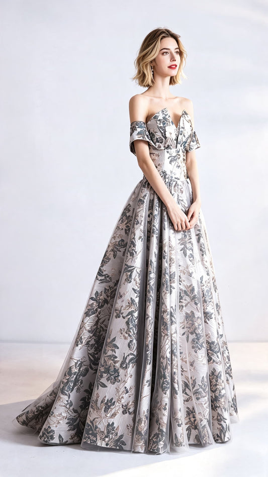 Simple A-line Gold Evening Dress Off Shoulder Brocade Long Formal Dress LFNC0417