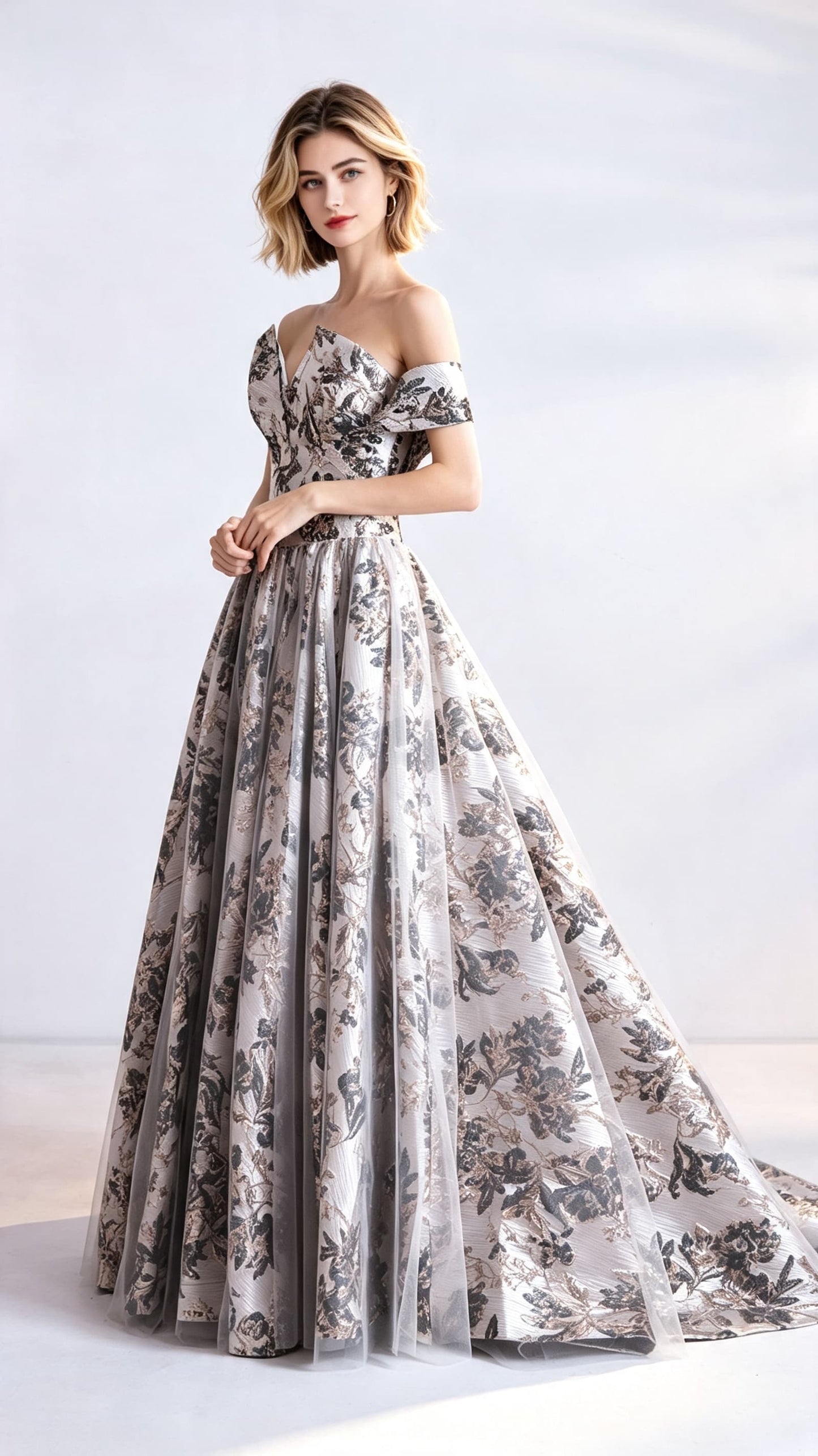 Simple A-line Gold Evening Dress Off Shoulder Brocade Long Formal Dress LFNC0417