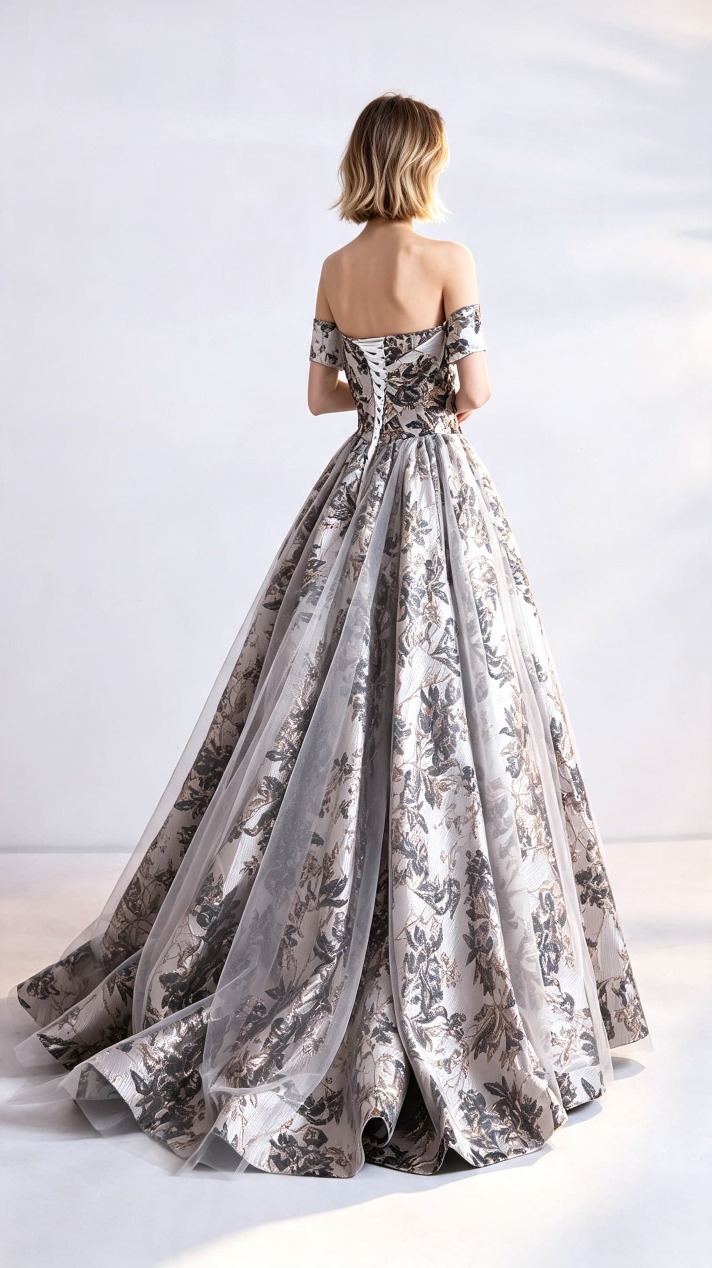 Simple A-line Gold Evening Dress Off Shoulder Brocade Long Formal Dress LFNC0417