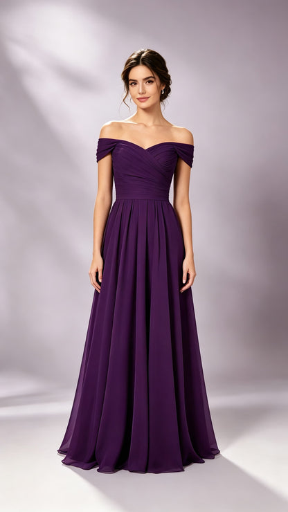 Purple off shoulder chiffon A-line bridesmaid gown for wedding and prom