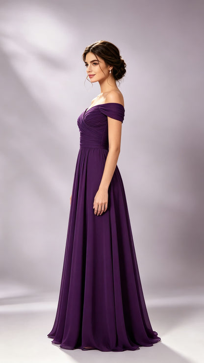 Gorgeous A-line Purple Bridesmaid Gowns UK Off the Shoulder Chiffon Long Prom Gowns LFNL0809