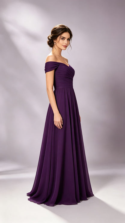 Gorgeous A-line Purple Bridesmaid Gowns UK Off the Shoulder Chiffon Long Prom Gowns LFNL0809