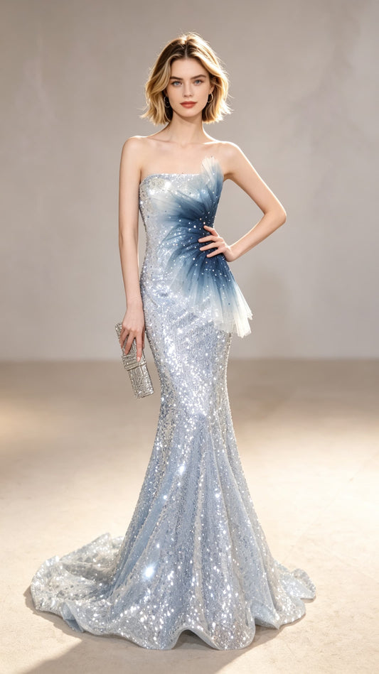 Classy Mermaid Blue Evening Dress Strapless Sequins Long Formal Dress LFNC0432
