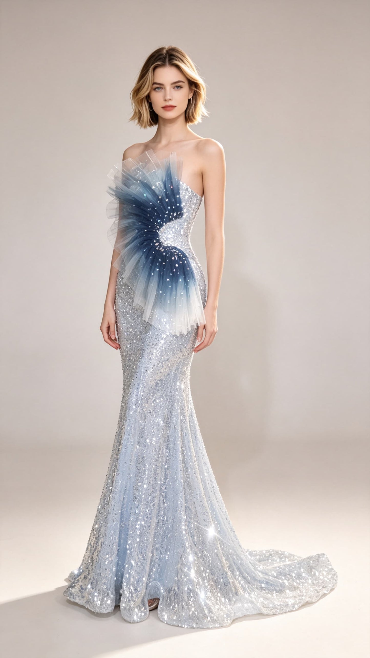 Classy Mermaid Blue Evening Dress Strapless Sequins Long Formal Dress LFNC0432
