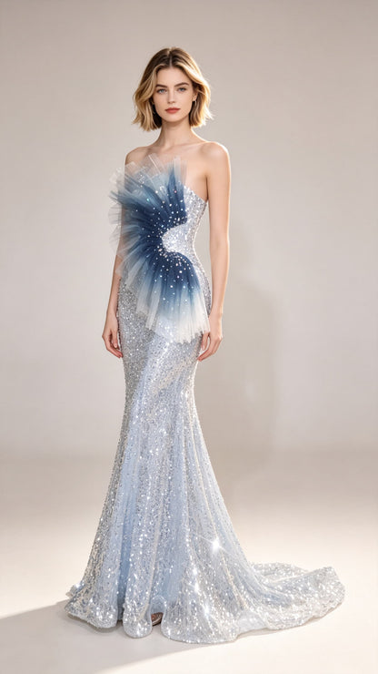 Classy Mermaid Blue Evening Dress Strapless Sequins Long Formal Dress LFNC0432