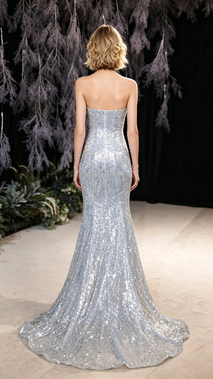 Classy Mermaid Blue Evening Dress Strapless Sequins Long Formal Dress LFNC0432