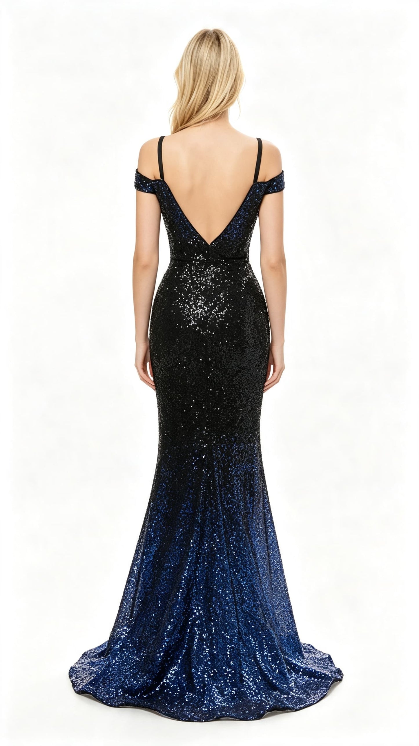 2026 Mermaid Blue Evening Dress Off the Shoulder Sequins Maxi Dress LFNL0636