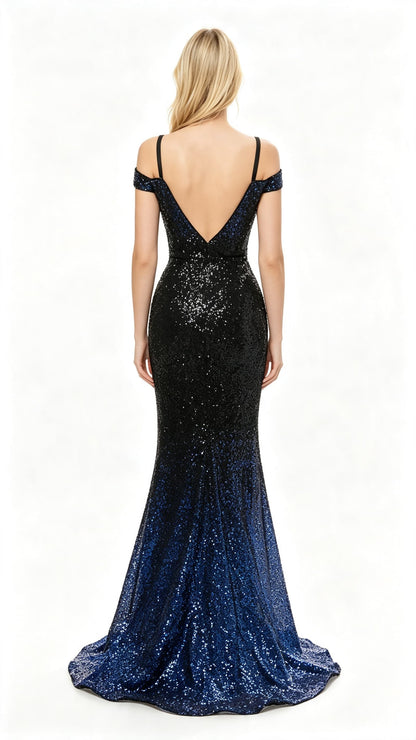 2026 Mermaid Blue Evening Dress Off the Shoulder Sequins Maxi Dress LFNL0636