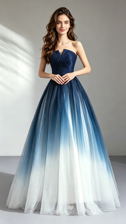 Dreamy A-line Blue Evening Dress Strapless Organza Long Formal Dress LFNC0156