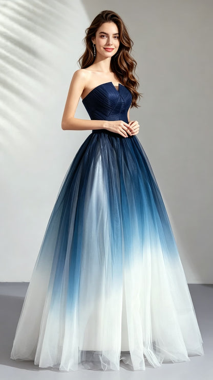 Dreamy A-line Blue Evening Dress Strapless Organza Long Formal Dress LFNC0156
