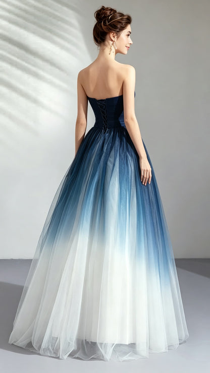 Dreamy A-line Blue Evening Dress Strapless Organza Long Formal Dress LFNC0156