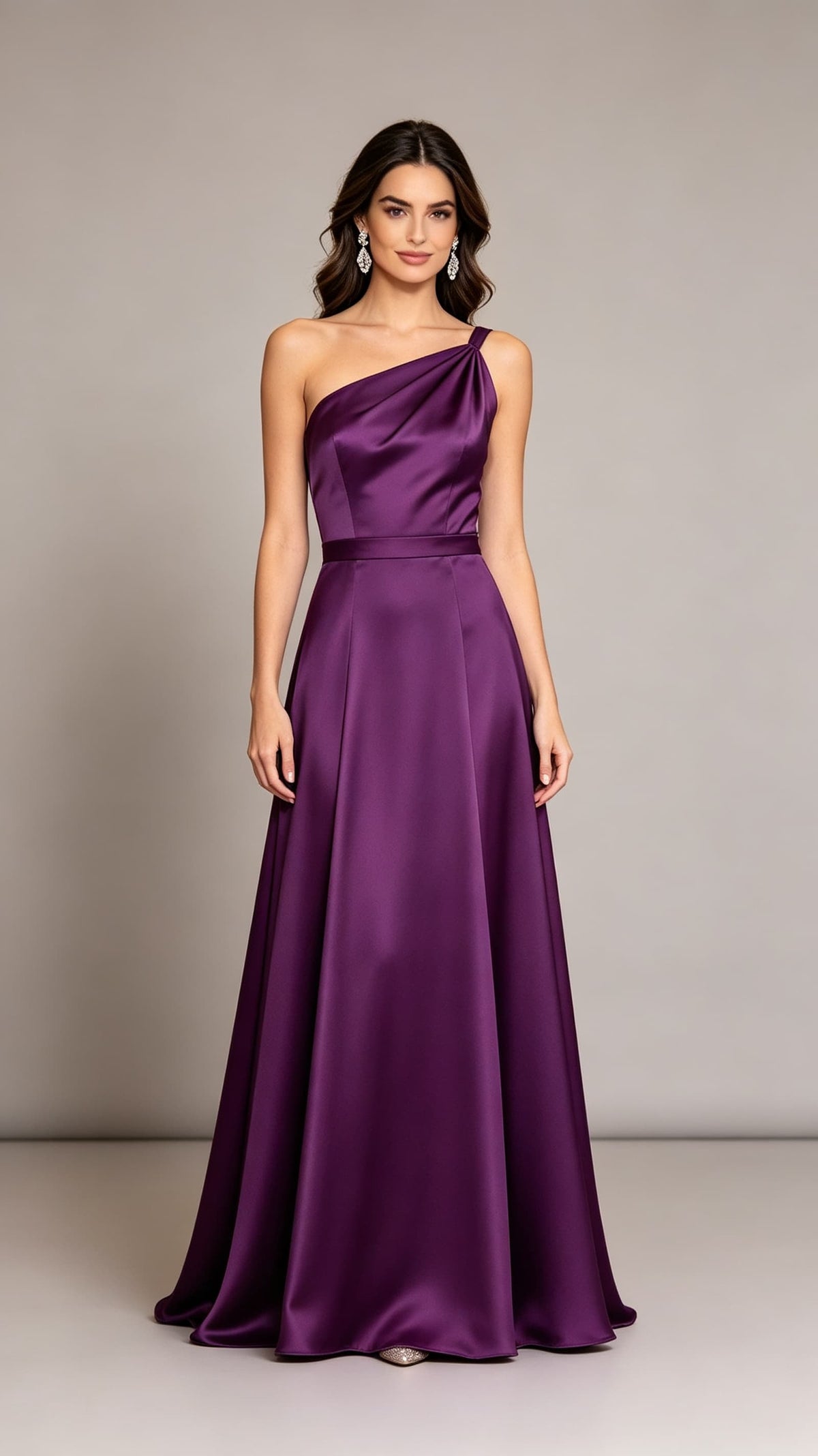 Purple one shoulder satin A-line long evening gown for prom and wedding
