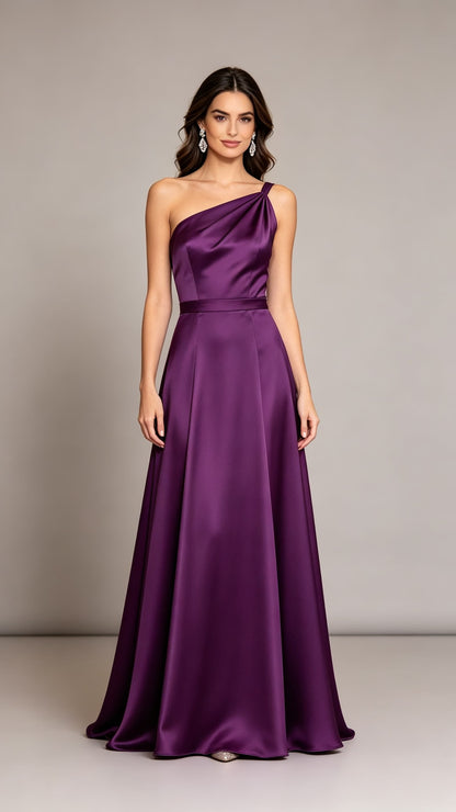 Purple one shoulder satin A-line long evening gown for prom and wedding