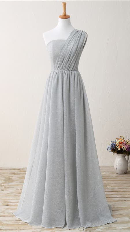 Flattering A-line Grey Evening Gowns One Shoulder Glitter Mesh Maxi Dress, grey subtle glitter mesh formal gown