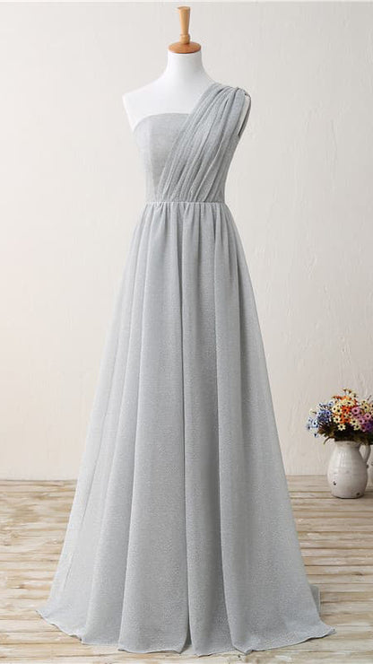 Flattering A-line Grey Evening Gowns One Shoulder Glitter Mesh Maxi Dress, grey subtle glitter mesh formal gown
