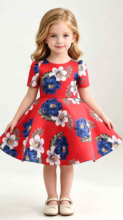 Dainty A-line Red Girl Skirt Round Neck Satin Short Gown LFNGA010