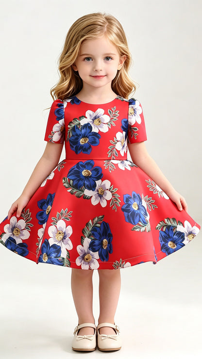 Dainty A-line Red Girl Skirt Round Neck Satin Short Gown LFNGA010