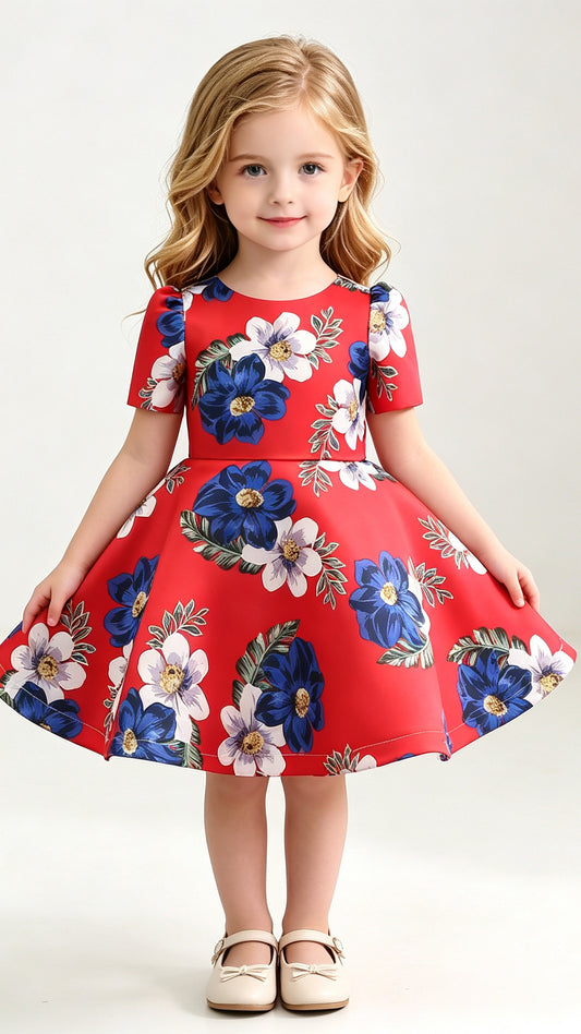 Dainty A-line Red Girl Skirt Round Neck Satin Short Gown LFNGA010