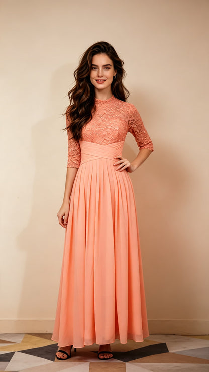 Eye-catching A-line Pink Evening Gowns High Collar Chiffon Lace Long Formal Dress LFNL0669