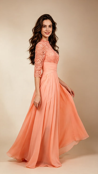 Eye-catching A-line Pink Evening Gowns High Collar Chiffon Lace Long Formal Dress LFNL0669