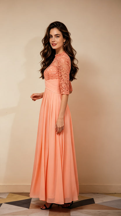 Eye-catching A-line Pink Evening Gowns High Collar Chiffon Lace Long Formal Dress LFNL0669