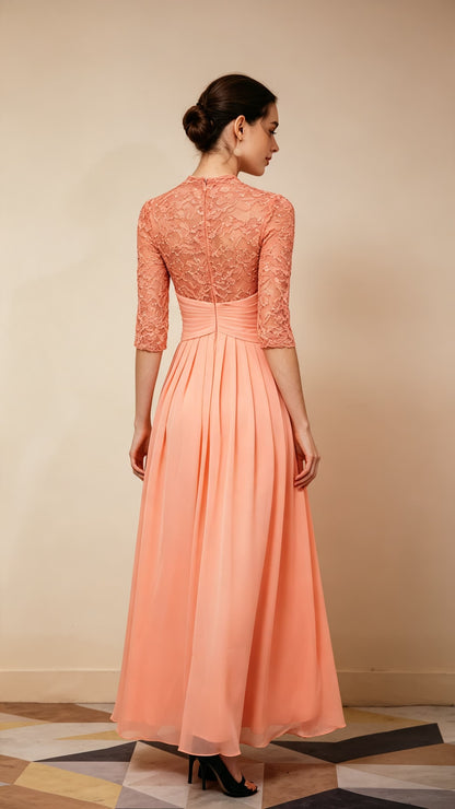 Eye-catching A-line Pink Evening Gowns High Collar Chiffon Lace Long Formal Dress LFNL0669