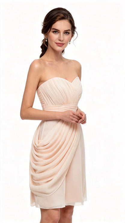 Dreamy A-line Champagne Evening Dress Strapless Chiffon Short Formal Dress LFNL0531