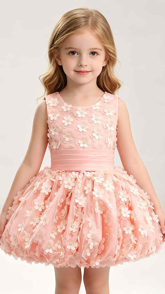 Sheer A-line Pink Flower Girl Dresses Round Neck Petal Lace Short Gown LFNGA002